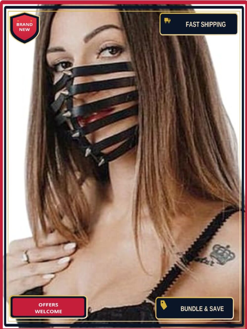 Studded PU Leather Half Face Mask Rivet Cosplay Costume Accessory